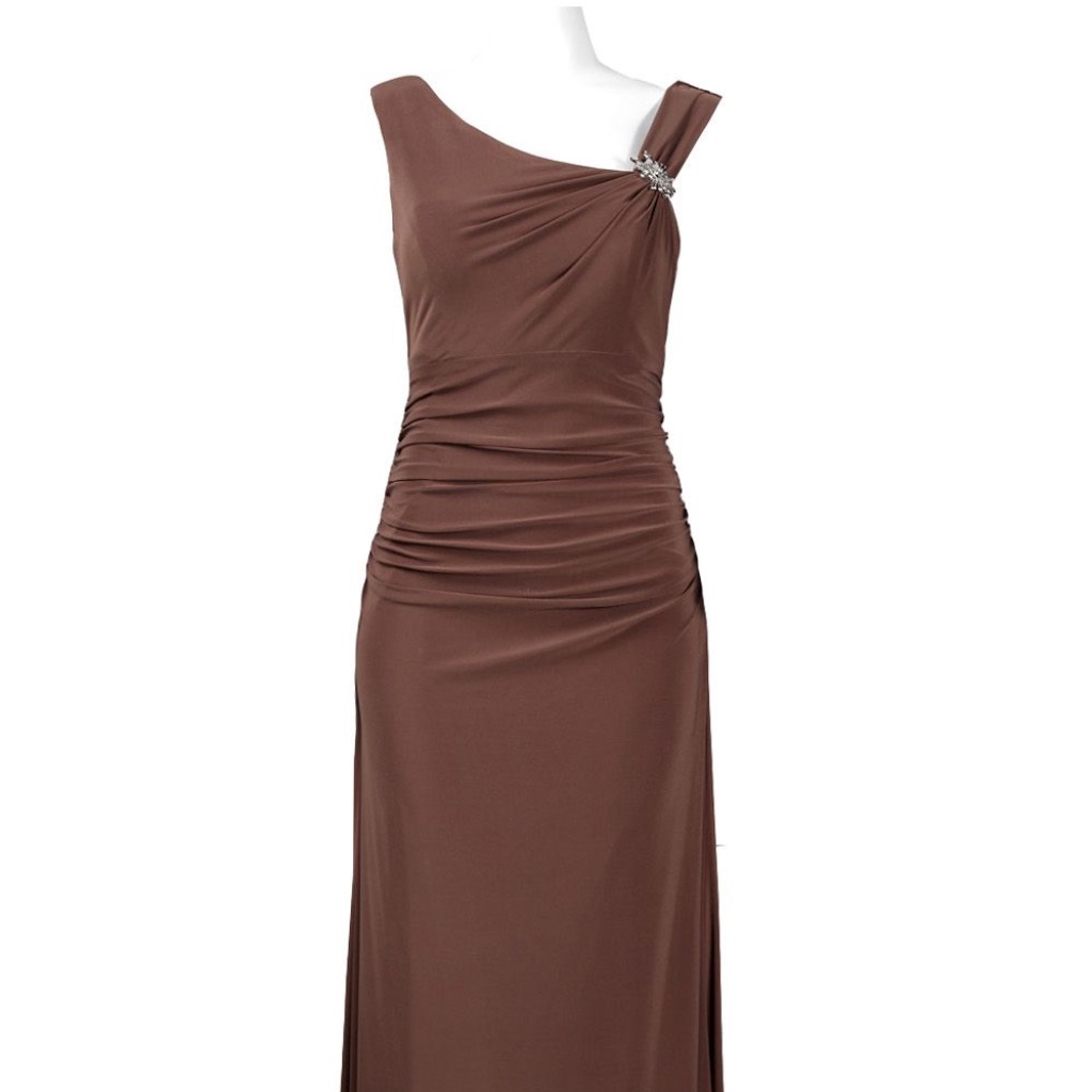 Cachet Asymmetrical Neck Sleeveless Cowl Back Brooch Detail Ruched Waist Chiffon